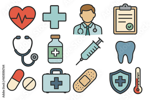 Health and medical icon collection. Vector symbols for healthcare, clinic, and treatment. Set includes doctor, cardiogram, syringe, pill, first aid kit, and dental elements.