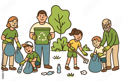 Community clean-up event. Family volunteers cleaning park. People collecting plastic trash for recycling. Concept of environmental protection, charity, ecology, teamwork, Earth Day.