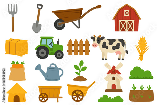Set of cute cartoon farm elements. Vector icons of agriculture, farming, and rural life. Includes barn, tractor, cow, windmill, tools, and harvest produce for country design.