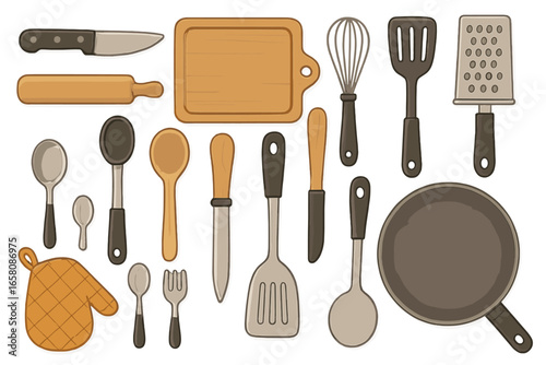 Set of kitchen utensils and cooking tools in a flat lay vector illustration. Includes pan, knife, cutting board, whisk, grater, spatula, spoon, rolling pin, and oven mitt.