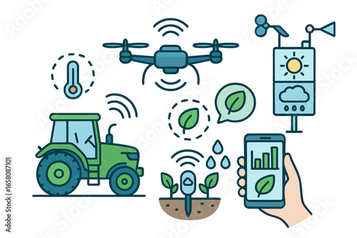 Smart farming and agricultural technology concept. Agritech illustration with drone, tractor, phone app, and sensors for monitoring crop growth, soil, weather and data analysis.