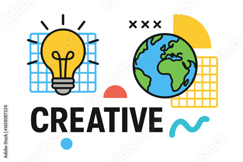 Creative idea concept with light bulb for innovation and globe for global solutions. Modern flat vector design with abstract shapes for marketing, branding, web design, digital content.