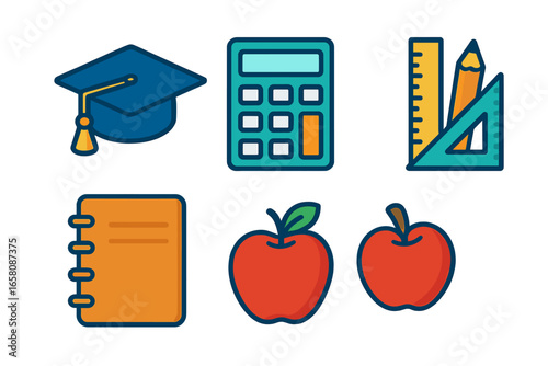 School education vector icon set. Back to school supplies. Graduation, learning, knowledge concept. Mortarboard, calculator, notebook, apple, ruler. Flat cartoon illustration.