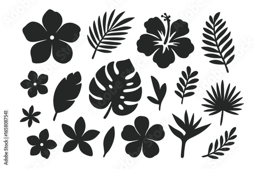 Tropical flower and leaf silhouette set. Vector collection of exotic floral elements. Hibiscus, plumeria, monstera and palm leaf icons for summer jungle design concepts.