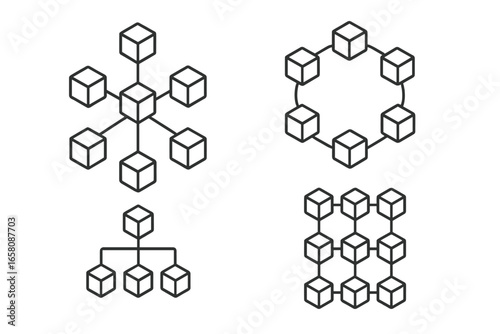 Set of network structure icons. Blockchain technology, database, and data concepts. Centralized, decentralized, distributed, and hierarchical systems illustrated with cubes.