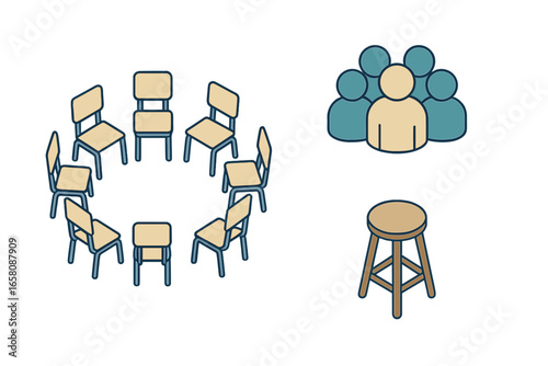 Group therapy session isometric icon set. Circle of chairs, people avatars, and facilitator stool for psychology or support group concepts. Mental health vector illustration.