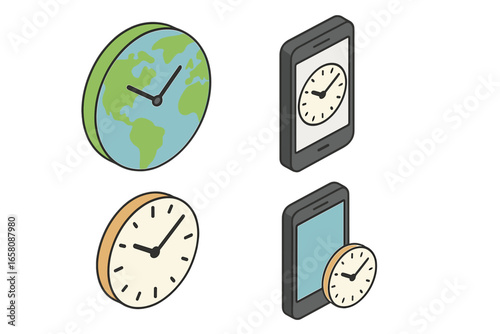 Time zone coordination isometric icon set. World clock on earth globe and smartphone screen. International business time management and global communication vector illustrations.