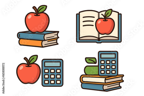 Education icon set. Back to school concept. Learning, knowledge, study symbols. Apple on book, textbook and calculator. Teacher student wisdom. Vector flat cartoon illustration.