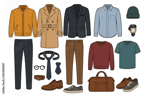 Men's fashion set. Stylish clothing and accessories collection for man's wardrobe. Flat lay vector illustration of business and casual outfits. Coat, jacket, shirt and shoes.