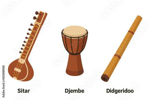 Traditional musical instruments vector illustration. Isometric icons set of sitar, African djembe drum, didgeridoo. Ethnic world music concepts. Cultural heritage, folk sound, percussion, string, wind