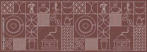 Seamless geometric coffee pattern featuring line art icons of coffee cups, beans, moka pots, cezve, grinders, and takeaway cups. Stylish minimalist white outlines on a brown background.