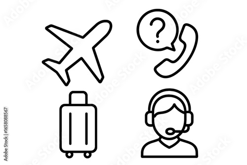 Vector outline travel assistance icon set including airplane silhouette, luggage, telephone helpline support symbols, transparent background, customer service, airport and travel help concepts