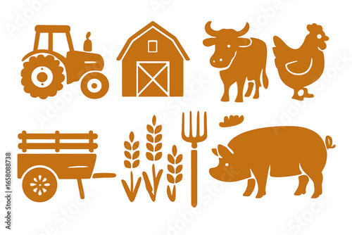 Farm and agriculture icon set with livestock and equipment. Vector collection of rural life symbols. Tractor, barn, cow, pig, chicken, wheat, and pitchfork silhouettes.