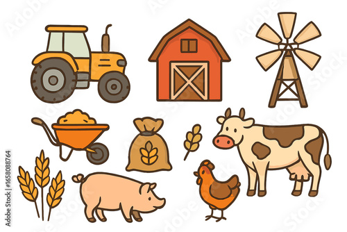 Cute farm animal and agriculture equipment icon set. Vector cartoon illustration of livestock, tractor, barn, windmill, wheat. Rural life farming symbols collection for design.