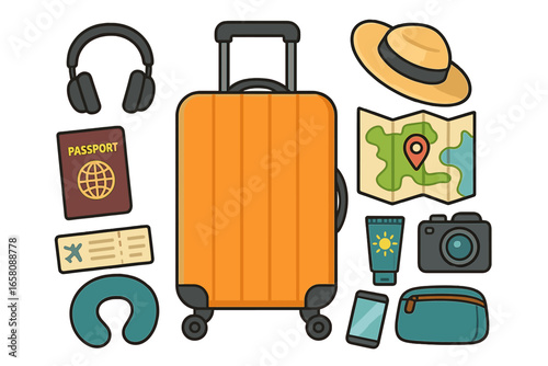 Travel essentials flat lay with luggage, passport, and travel accessories including sunglasses, headphones, map, and camera in colorful vector cartoon illustration for trip planning and vacation prep