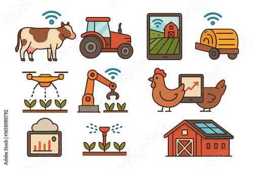 Smart farm icon set. Agriculture technology, agritech concepts. Vector illustration of a drone, robot arm, tractor, and IoT cow. Precision farming, data analysis, automation.