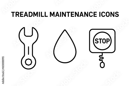 Treadmill maintenance outline icons set. Fitness equipment safety wrench tool, lubricant oil drop, emergency stop button symbols. Editable vector illustration for gym, workout, health club, repair.