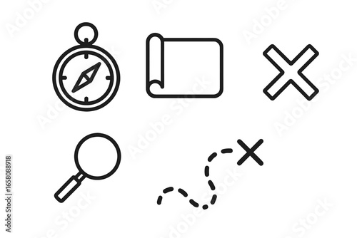 Treasure Hunt Adventure Outline Icons Set. Compass, Rolled Map, Dotted Path, X Marks the Spot, Magnifying Glass. Exploration Search Journey Discovery Concept. Vector Line Illustrations Collection.