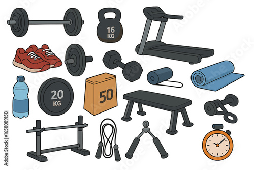 Vector set of gym equipment for fitness and bodybuilding. Collection of cartoon icons for workout. Dumbbell, barbell, treadmill, kettlebell. Sport and healthy lifestyle concept.