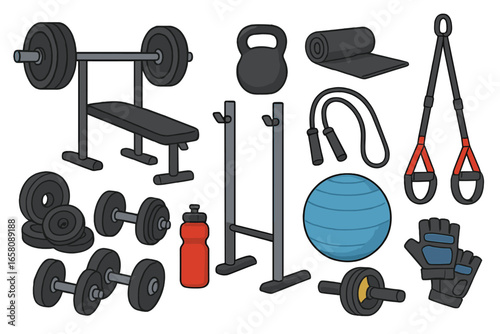 Gym equipment vector icon set. Fitness, workout, exercise accessories. Barbell, dumbbell, kettlebell, bench press, stability ball. Bodybuilding, weightlifting cartoon style.