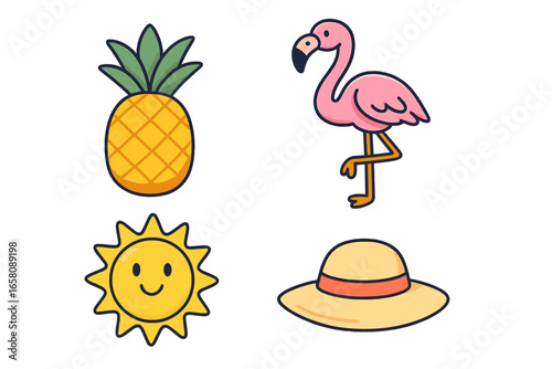 Playful tropical elements with pineapple, flamingo, sun, and summer hat, vibrant cartoon vector illustration perfect for summer themes, vacation, beach, and tropical lifestyle design
