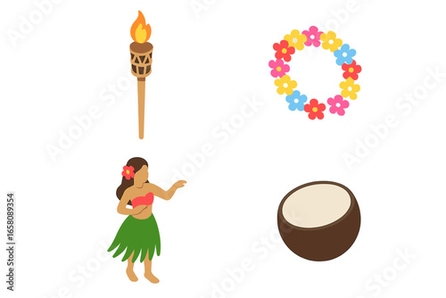 Isometric tropical luau party vector icons set. Tiki torch, colorful flower lei garland, hula dancer, coconut. Hawaiian decorations and symbols for summer celebration, beach festival, island event.