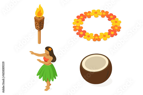 Isometric Hawaiian Luau Party Vector Icons, Tropical Tiki Torch, Flower Lei Garland, Hula Dancer, Coconut Drink, Polynesian Celebration, Island Summer, Culture, Festive Decor Illustration