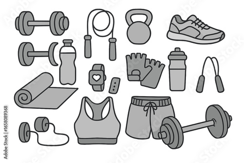 Fitness equipment and gear icon set for gym workout. Vector illustration collection for active lifestyle. Sport, exercise, training elements like dumbbell, kettlebell, clothes.