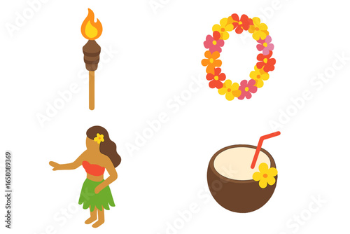 Tropical Luau Party Vector Icons Set. Isometric Flat Hawaiian Tiki Torch, Colorful Flower Lei Garland, Hula Dancer, Coconut Drink Clipart. Summer Beach Celebration. Exotic Island Decor Elements.
