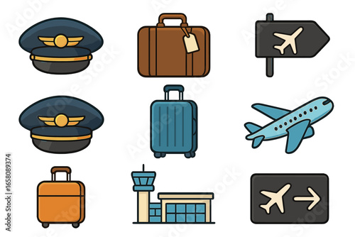 Air travel vector icon set. Aviation and flight concept. Graphic collection of pilot hat, airplane, luggage, suitcase, airport terminal, and direction signs for flying journey.