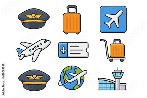 Aviation icon set for travel and tourism. Flight symbols collection with pilot hat, airplane, luggage, airport tower and boarding pass. Vector cartoon illustration for air travel.