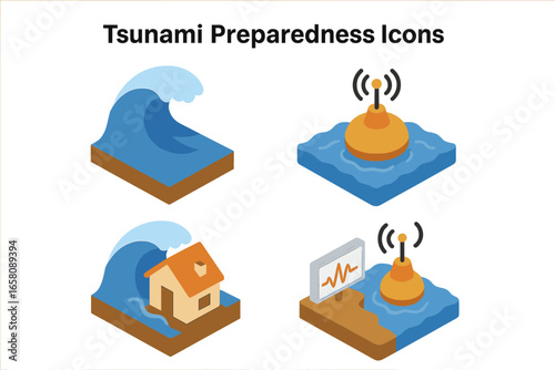 Tsunami Preparedness Emergency Isometric Icons Set. Earthquake-Generated Tsunami Wave, Coastal Warning Sensor Buoy, Disaster Prevention, House Inundation, Tsunami Detection System. Vector Illustration