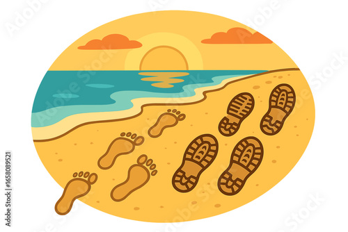 Contrast of footprints in sand, barefoot versus boot prints. Metaphor for choice, different paths, work-life balance, vacation and freedom against hiking or work. Sunset beach scene.