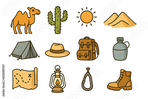Desert Life and Adventure Essentials Icons. Camel, cactus, sun, dunes, tent, hat, backpack, canteen, boots, map, lantern, carabiner. Travel gear vector set for desert camping expedition background.