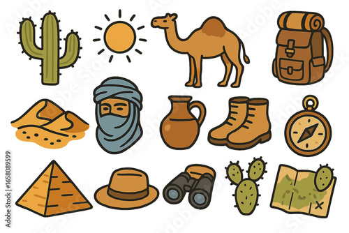Unique vector symbols representing desert life and essential travel equipment for desert exploration adventures, cartoon illustration set on transparent background, ordered collection of desert icons