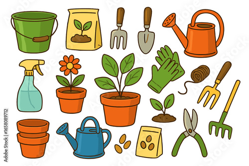 Gardening tools vector icons set. Cartoon garden equipment for planting hobby. Watering can, shovel, rake, gloves, pot, soil, sprout, seeds. Horticulture agriculture concept.