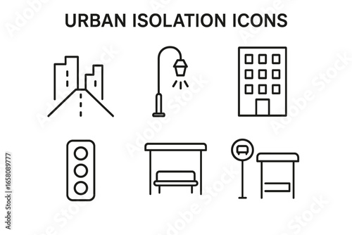 Urban isolation outline icon set. Empty city street, apartment building facade, street lamp, traffic light, public bus stop. Minimal vector illustration. Solitude, loneliness, urban infrastructure.