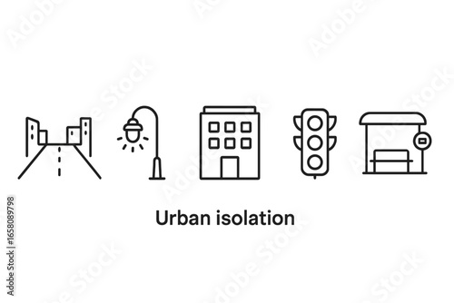 Urban isolation vector icon set. Loneliness and solitude in city life concept. Empty streets, streetlamp, apartment building, traffic light, deserted bus stop. Urban environment outline illustration.