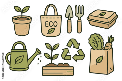 Eco friendly lifestyle icon collection. Sustainable practices for gardening, biodegradable food packaging. Green living concept with recycle symbol, eco bag, and plants vector set.