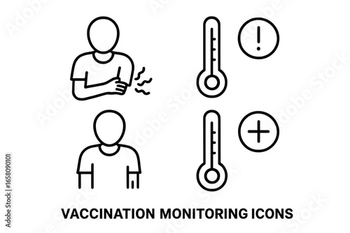 Outline vector icon set of vaccination side effects monitoring including patient holding forearm and thermometer, healthcare symbols for immunization tracking and medical observation