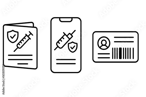 Outline vector icon set of vaccination record keeping, immunization card, digital health app screen with ID barcode, medical vaccination tracking, health data management concept
