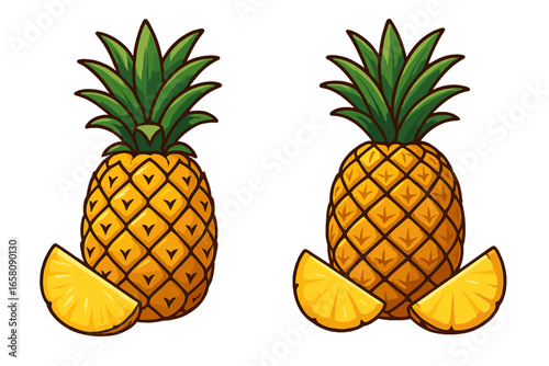 Pineapple vector illustration set with whole tropical fruit and fresh juicy slices. Cartoon style icon collection for summer design, healthy food, or diet concept. Isolated graphic.