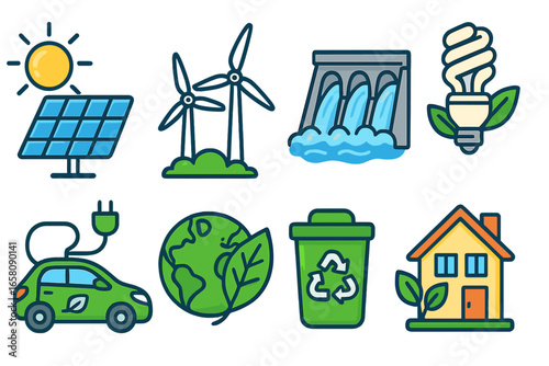 Set of renewable energy icons. Green power, sustainability and ecology concept. Solar panel, wind turbine, hydro dam, electric car, recycling and eco house symbols.