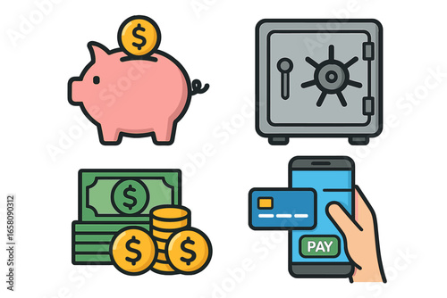 Vector illustrations of financial tools including piggy banks, safes, and digital payment methods in colorful cartoon style on transparent background, set of 3 secure money and finance icons