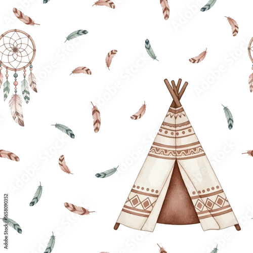Indian teepee, dreamcatcher and feathers on a white background. Hand drawn vector seamless pattern, perfect for baby shower, nursery decor, fabrics, paper.