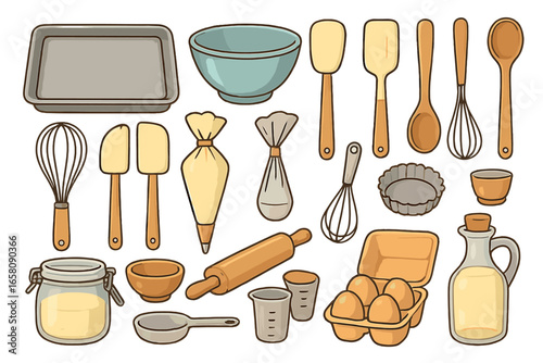 Baking and cooking utensils collection. Kitchen equipment for homemade pastry and food preparation. Vector icon set with rolling pin, whisk, bowl, spatula, eggs and flour.