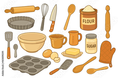 Baking and cooking utensils set. Kitchen tools and ingredients collection for homemade pastry. Vector cartoon illustration icons. Flour, sugar, egg, butter for recipe design.