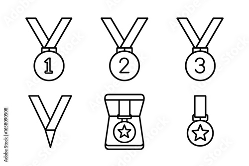 Outline vector icon set of victory medals, gold medal, silver medal, bronze medal, award ribbons, medal in case, achievement star medal. Sports winner podium icons, competition reward symbols.