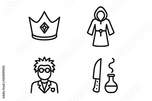 Vector outline icon set of villain archetype accessories including evil queen crown, dark wizard robe, mad scientist gear, and sinister props, evil character symbols collection