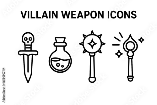 Outline vector icon set of villain weapons and props including skull dagger, poison vial, spiked mace, scepter with magical elements, dark fantasy tools, evil-themed armory collection